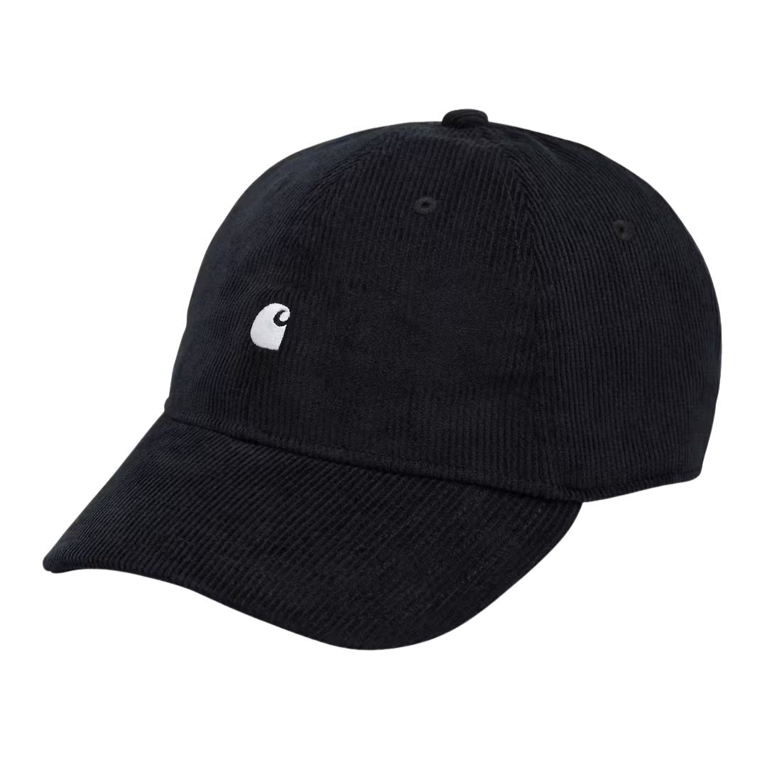 Gorra Carhartt WIP Harlem Cap en color negro, vista frontal con logo bordado.