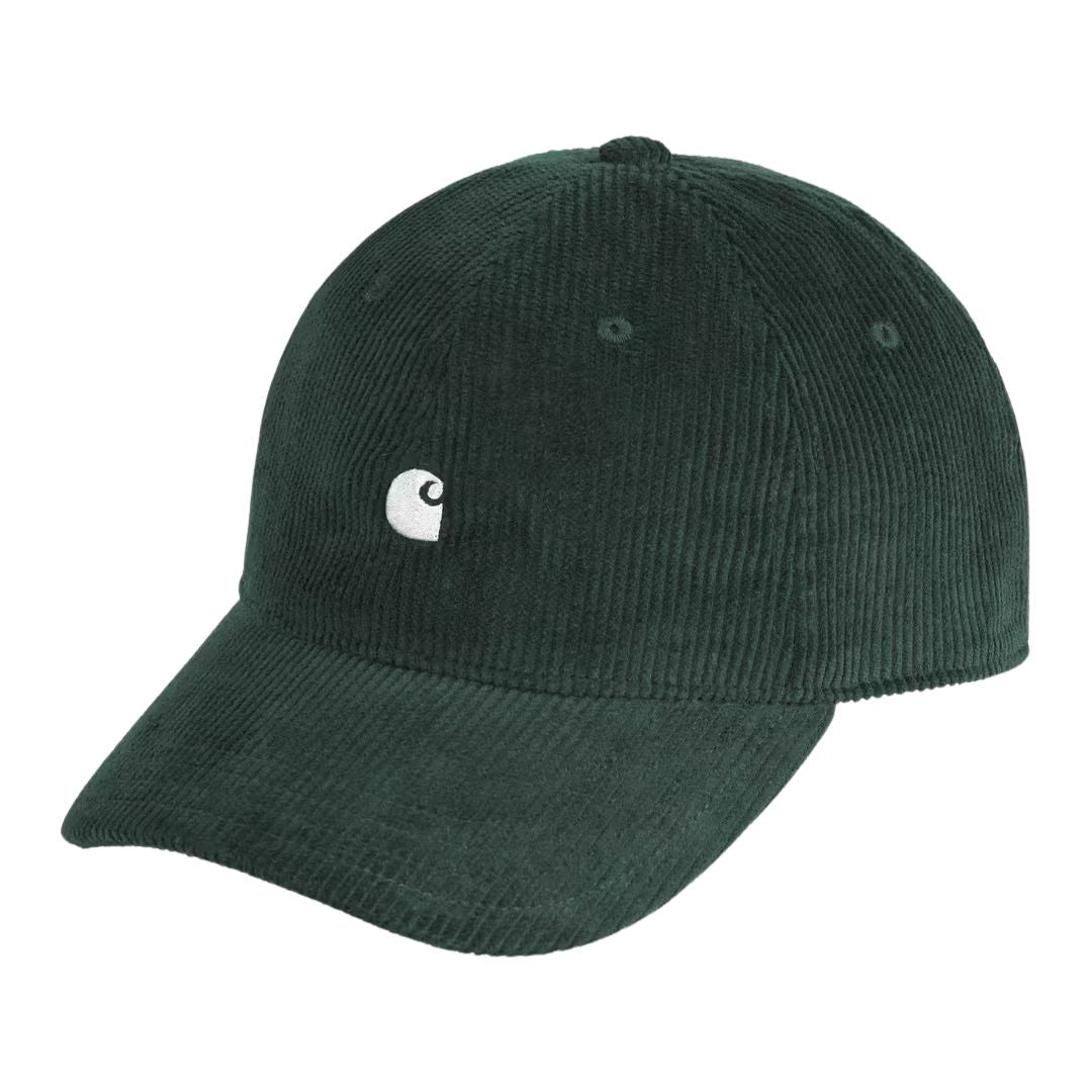 Gorra Carhartt WIP Harlem Cap en color verde, vista frontal con logo bordado.