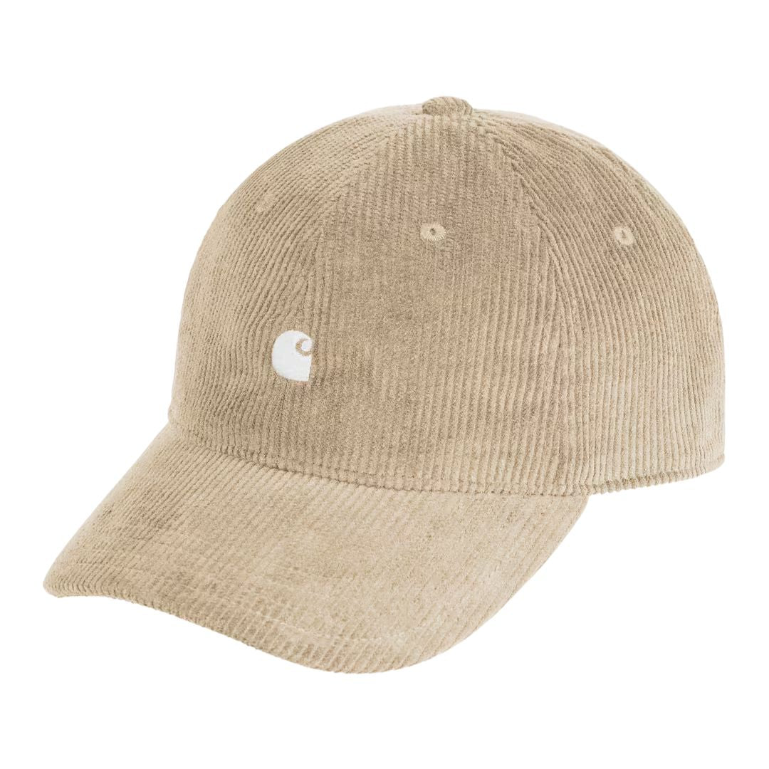 Gorra Carhartt WIP Harlem Cap en color beige, vista frontal con logo bordado.