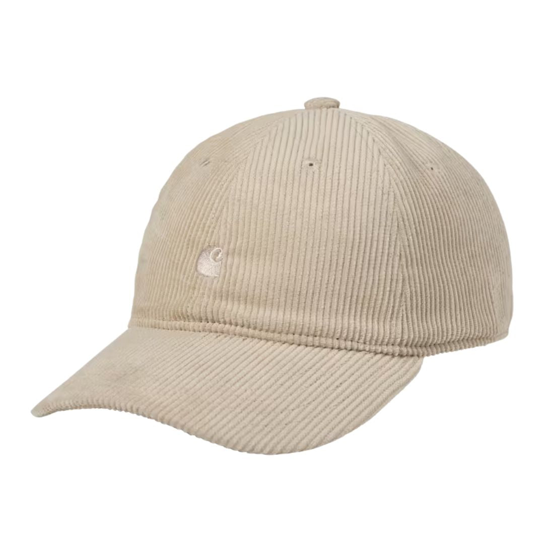 Gorra Carhartt WIP Harlem Cap en color Wall, vista frontal de la gorra de pana con logo bordado.