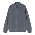 Carhartt WIP Harper Polo carbon garment dyed, vista delantera: cuello vuelto con cremallera, punto de algodón pesado en gris azulado, etiqueta cuadrada tejida en bajo izquierdo, corte balloon fit.