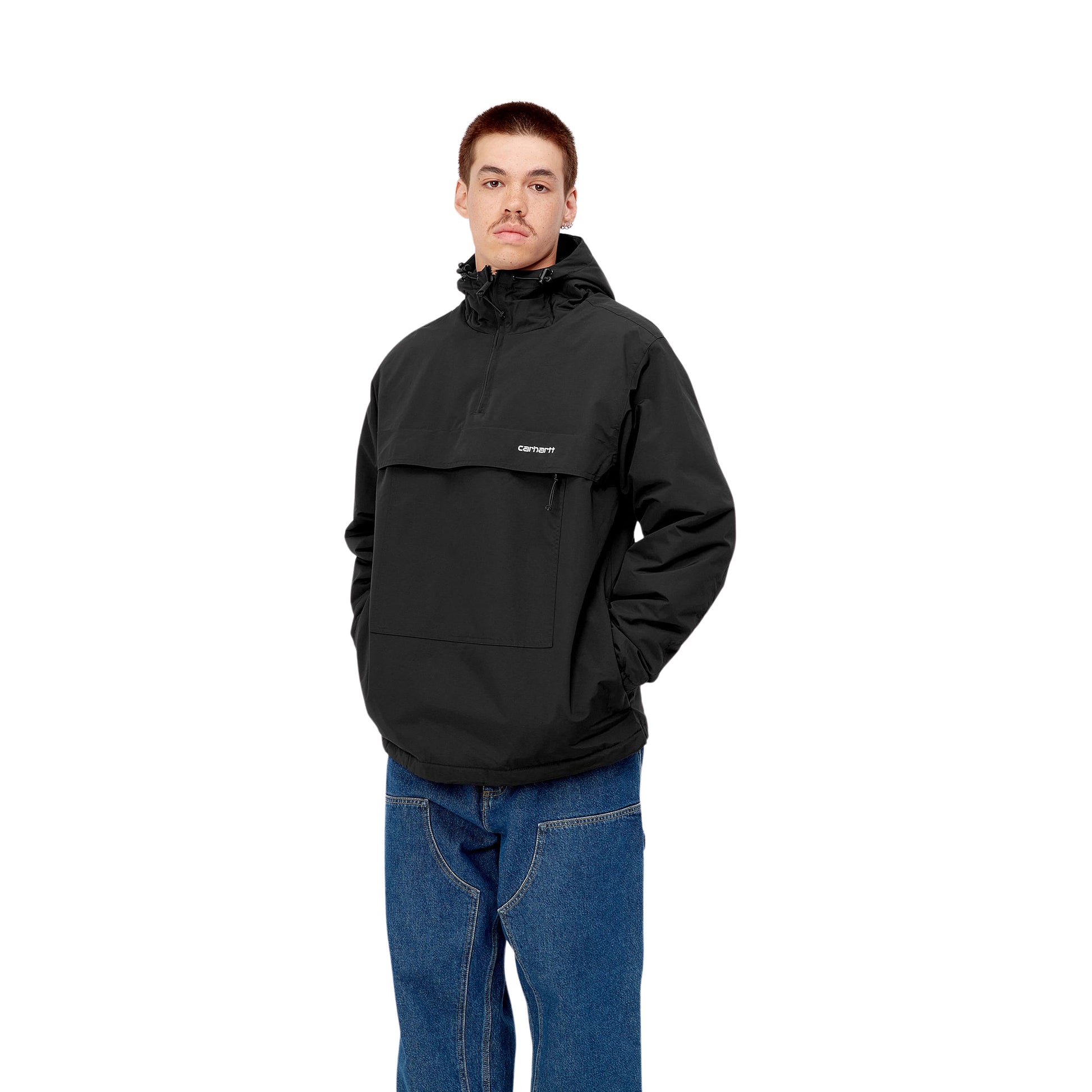 Hombre con la Sudadera cortavientos Carhartt WIP Windbreaker Pullover Negro con el logo Carhartt en blanco