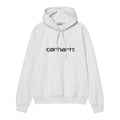 Sudadera Carhartt WIP Hooded Carhartt Sweatshirt en Ash Heather con logo Script bordado en Graphite en el pecho, bolsillo canguro y cordón de capucha a juego, en plano extendido.