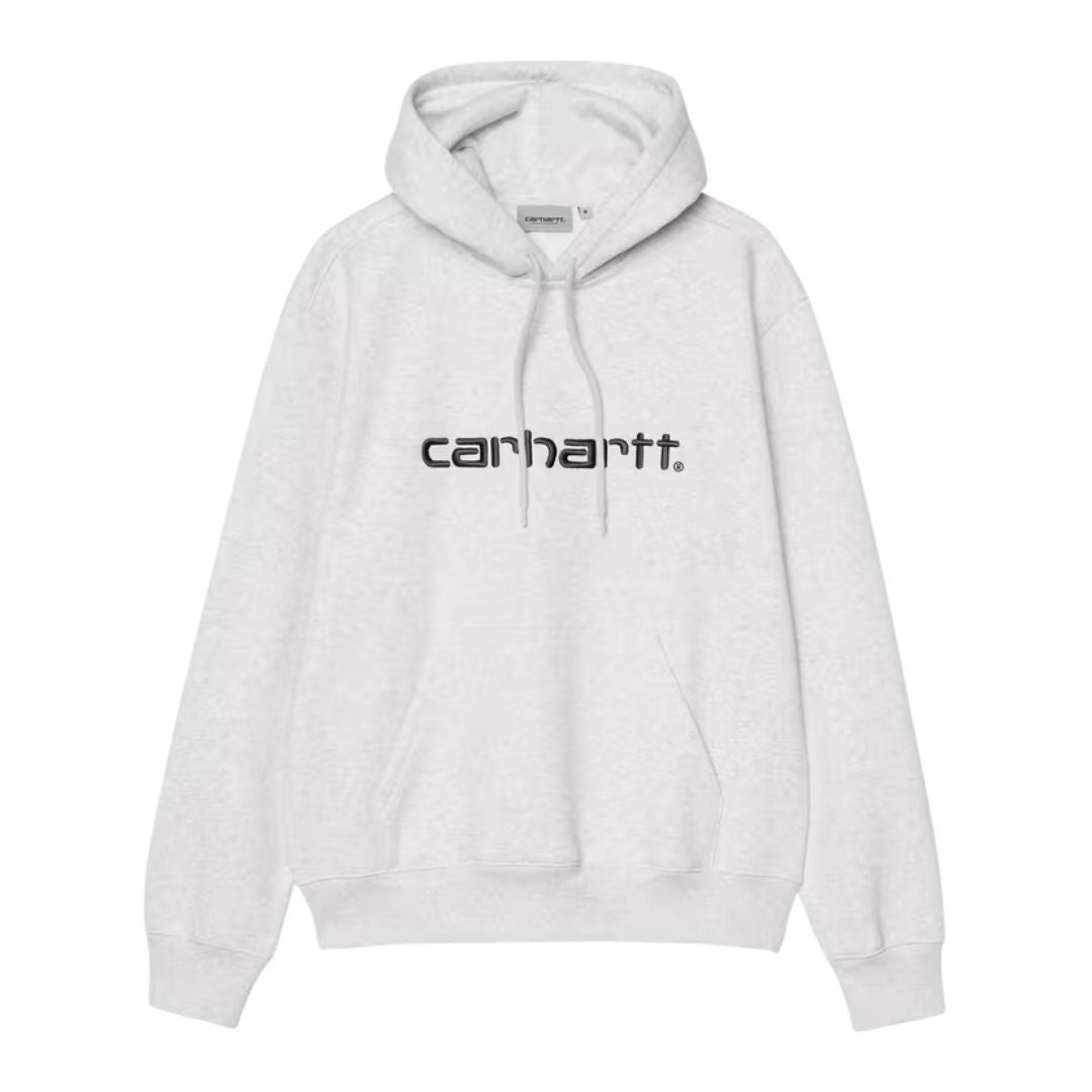 Sudadera Carhartt WIP Hooded Carhartt Sweatshirt en Ash Heather con logo Script bordado en Graphite en el pecho, bolsillo canguro y cordón de capucha a juego, en plano extendido.