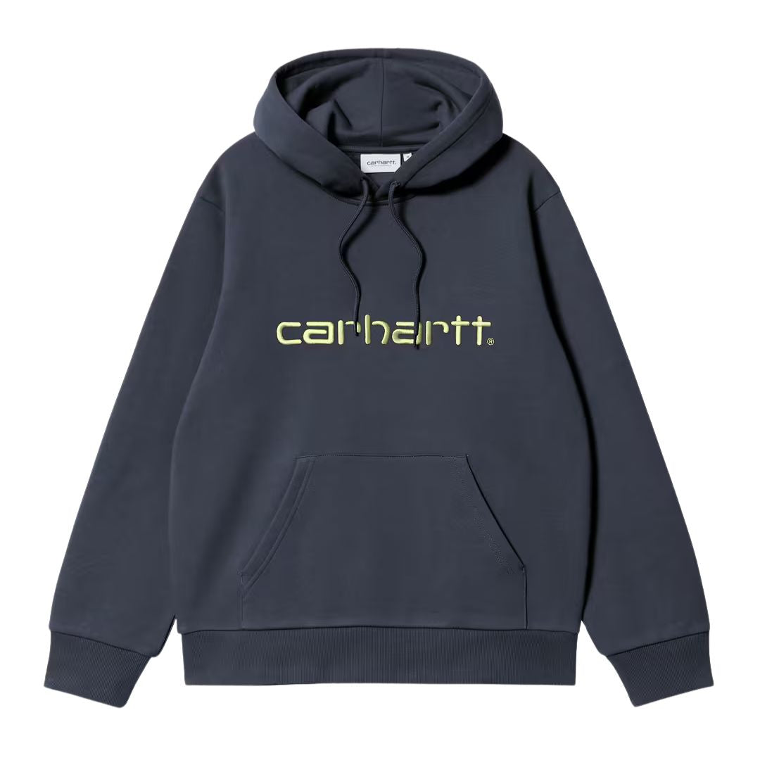 Sudadera con capucha Carhartt WIP Hooded Carhartt Sweat en color deep night con logotipo Carhartt bordado en color gentle green.