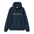 Sudadera con capucha azul oscuro Carhartt con logo bordado en amarillo vibrante y bolsillo tipo canguro.