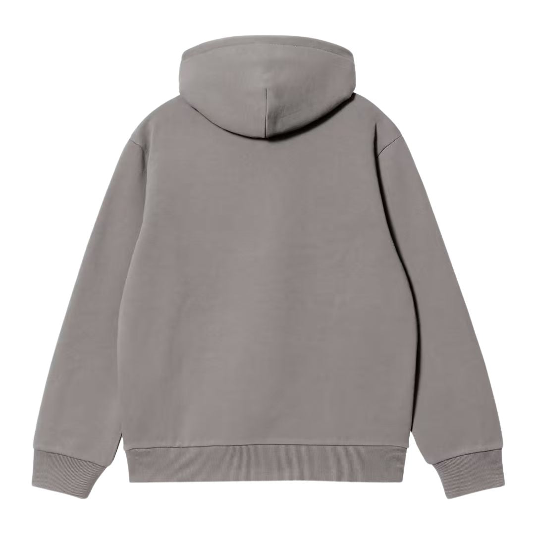 Vista posterior plana de la sudadera con capucha Carhartt WIP Hooded Carhartt Sweat en Shady Grey, mostrando la capucha sin forro contraste, costuras y puños acanalados a juego.
