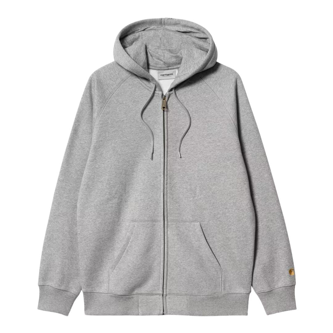 Detalle frontal de la sudadera Carhartt WIP Hooded Chase Jacket en color gris grey heather gold.