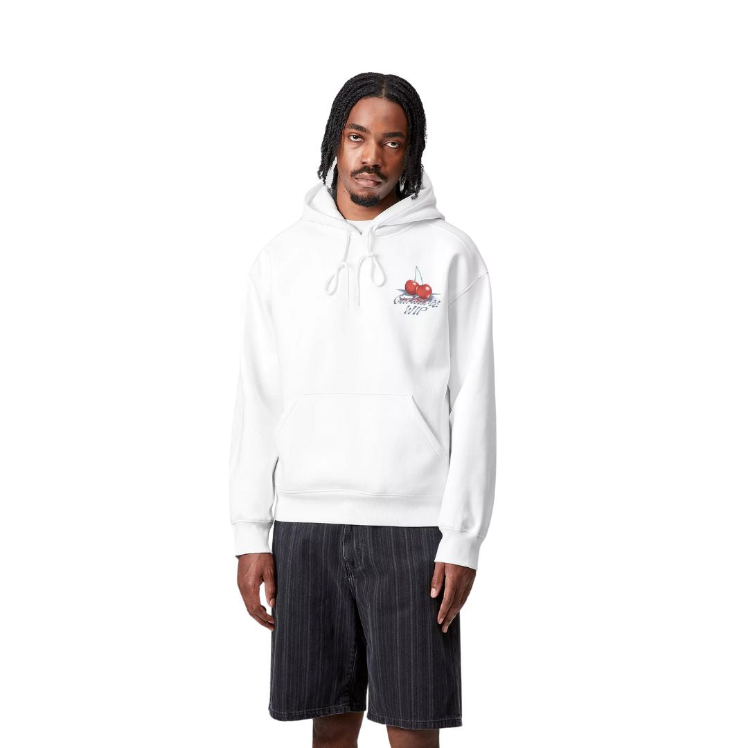 Sudadera blanca con capucha Carhartt WIP Hooded Jake Garcia Sweat con gráfico de cerezas en el pecho, vista frontal con modelo masculino