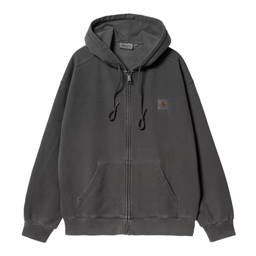 Carhartt WIP Hooded Nelson Jacket Black Garment Dyed vista frontal sudadera con capucha cremallera bolsillo canguro algodón pesado pigment dyed.