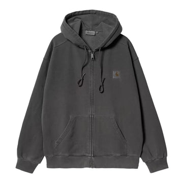 Carhartt WIP Hooded Nelson Jacket Black Garment Dyed vista frontal sudadera con capucha cremallera bolsillo canguro algodón pesado pigment dyed.