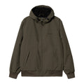Chaqueta con capucha Carhartt WIP Hooded Sail Jacket en color Cypress / Black, vista frontal cerrada con capucha, cremallera, bolsillos de ojal y bajo de punto.