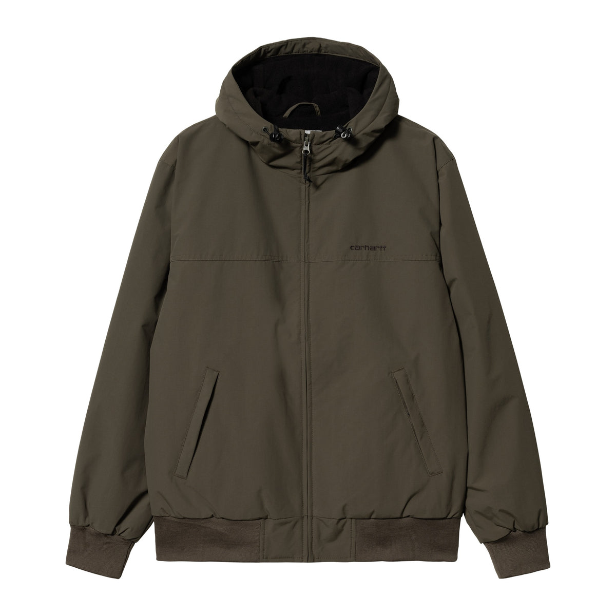 Chaqueta con capucha Carhartt WIP Hooded Sail Jacket en color Cypress / Black, vista frontal cerrada con capucha, cremallera, bolsillos de ojal y bajo de punto.