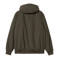 Vista trasera de la chaqueta Carhartt WIP Hooded Sail Jacket en color Cypress / Black, con capucha ajustable, puños de punto y banda inferior de punto acanalado.