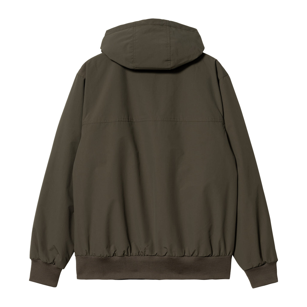 Vista trasera de la chaqueta Carhartt WIP Hooded Sail Jacket en color Cypress / Black, con capucha ajustable, puños de punto y banda inferior de punto acanalado.