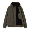 Chaqueta Carhartt WIP Hooded Sail Jacket en color Cypress / Black abierta, mostrando el forro de pelo interior del cuerpo y el interior de la capucha ajustable.