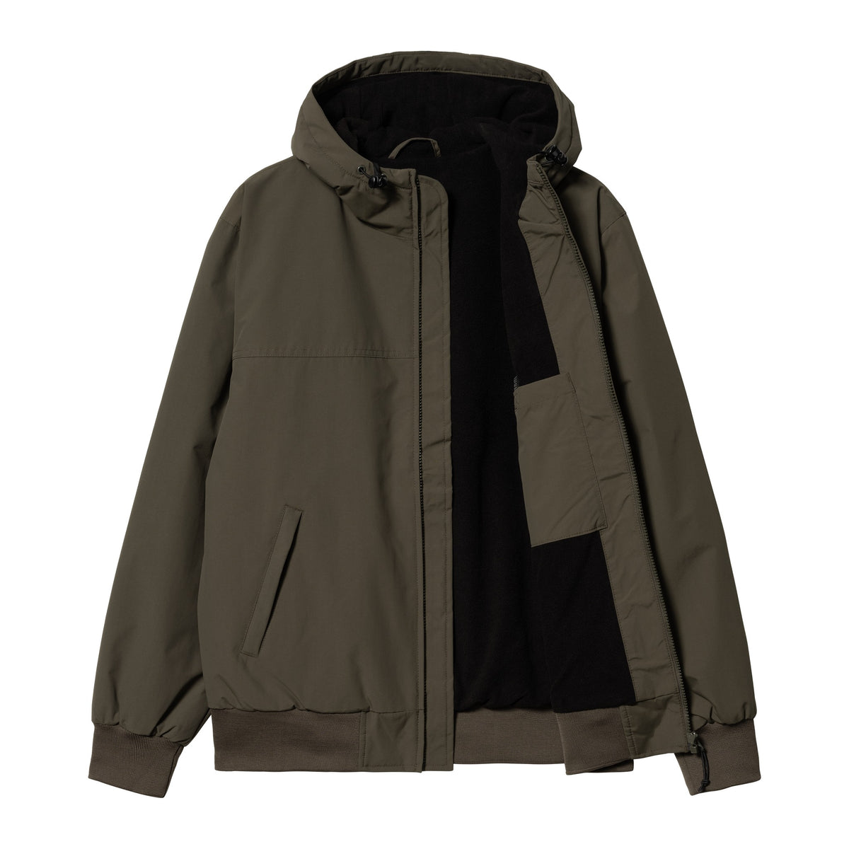 Chaqueta Carhartt WIP Hooded Sail Jacket en color Cypress / Black abierta, mostrando el forro de pelo interior del cuerpo y el interior de la capucha ajustable.
