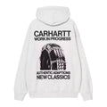 Carhartt WIP Hooded Sean Hamilton Sweatshirt Ash Heather vista trasera, sudadera streetwear con capucha en algodón pesado con gráfico grande de rueda con cadenas y texto Carhartt Work In Progress.
