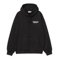 Carhartt WIP Hooded Sean Hamilton Sweatshirt Black vista frontal, sudadera con capucha y bolsillo canguro en algodón pesado con gráfico Carhartt WIP Authentic Adaptions New Classics en el pecho.