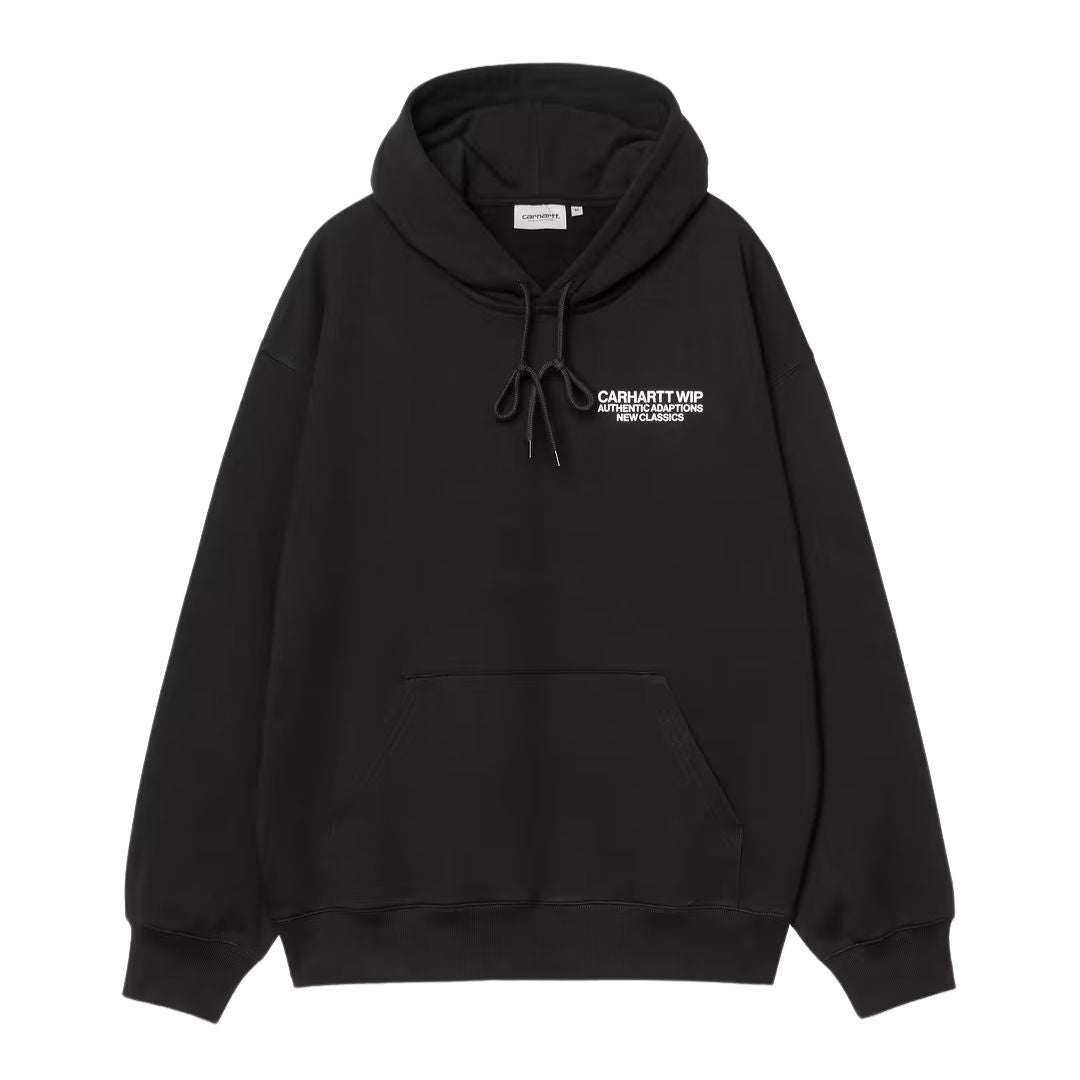 Carhartt WIP Hooded Sean Hamilton Sweatshirt Black vista frontal, sudadera con capucha y bolsillo canguro en algodón pesado con gráfico Carhartt WIP Authentic Adaptions New Classics en el pecho.