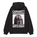 Carhartt WIP Hooded Sean Hamilton Sweatshirt Black vista trasera, sudadera streetwear con capucha en algodón pesado con gráfico grande de rueda con cadenas y texto Carhartt Work In Progress.