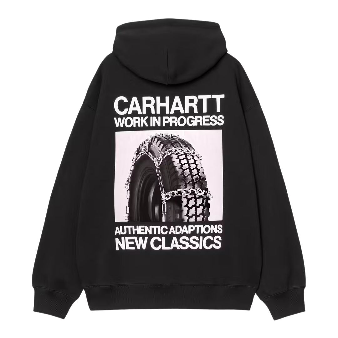 Carhartt WIP Hooded Sean Hamilton Sweatshirt Black vista trasera, sudadera streetwear con capucha en algodón pesado con gráfico grande de rueda con cadenas y texto Carhartt Work In Progress.