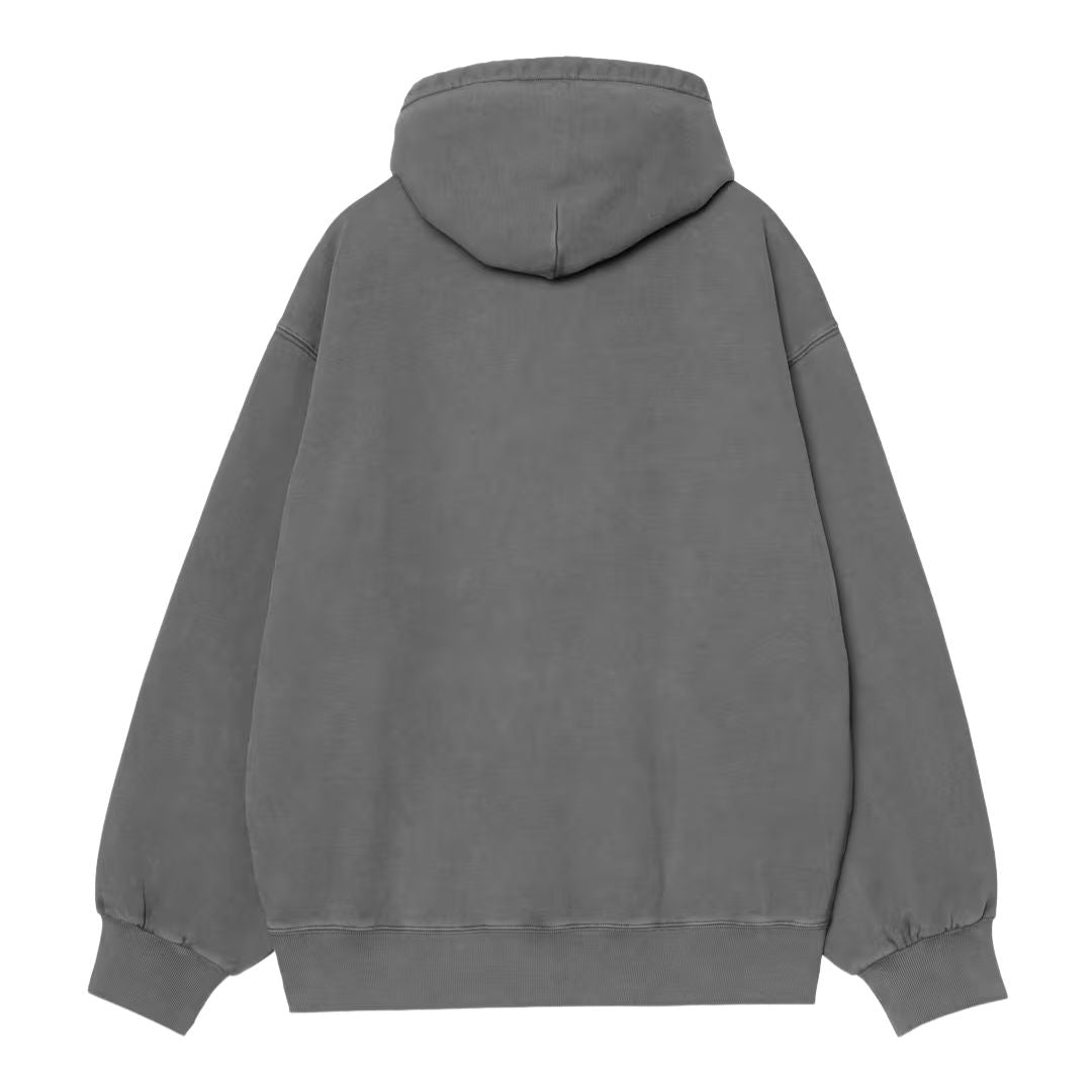 Carhartt WIP Hooded Vista Sweat sudadera con capucha en color negro garment dyed, vista trasera con capucha holgada y acabado desgastado propio del teñido en prenda.