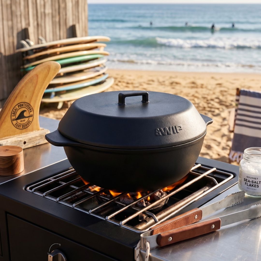 Carhartt WIP Kakomi Ceramic Pot negra con tapa y logo WIP sobre un fuego de gas en una cocina de playa, con tablas de surf, sal en escamas y pinzas de cocina junto al mar.
