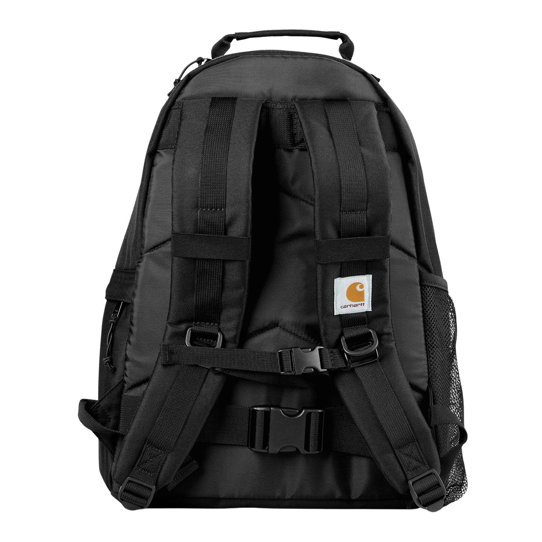 Mochila de skate impermeable Carhartt WIP Kickflip Backpack negra con vista frontal mostrando detalles de correas y compartimentos.