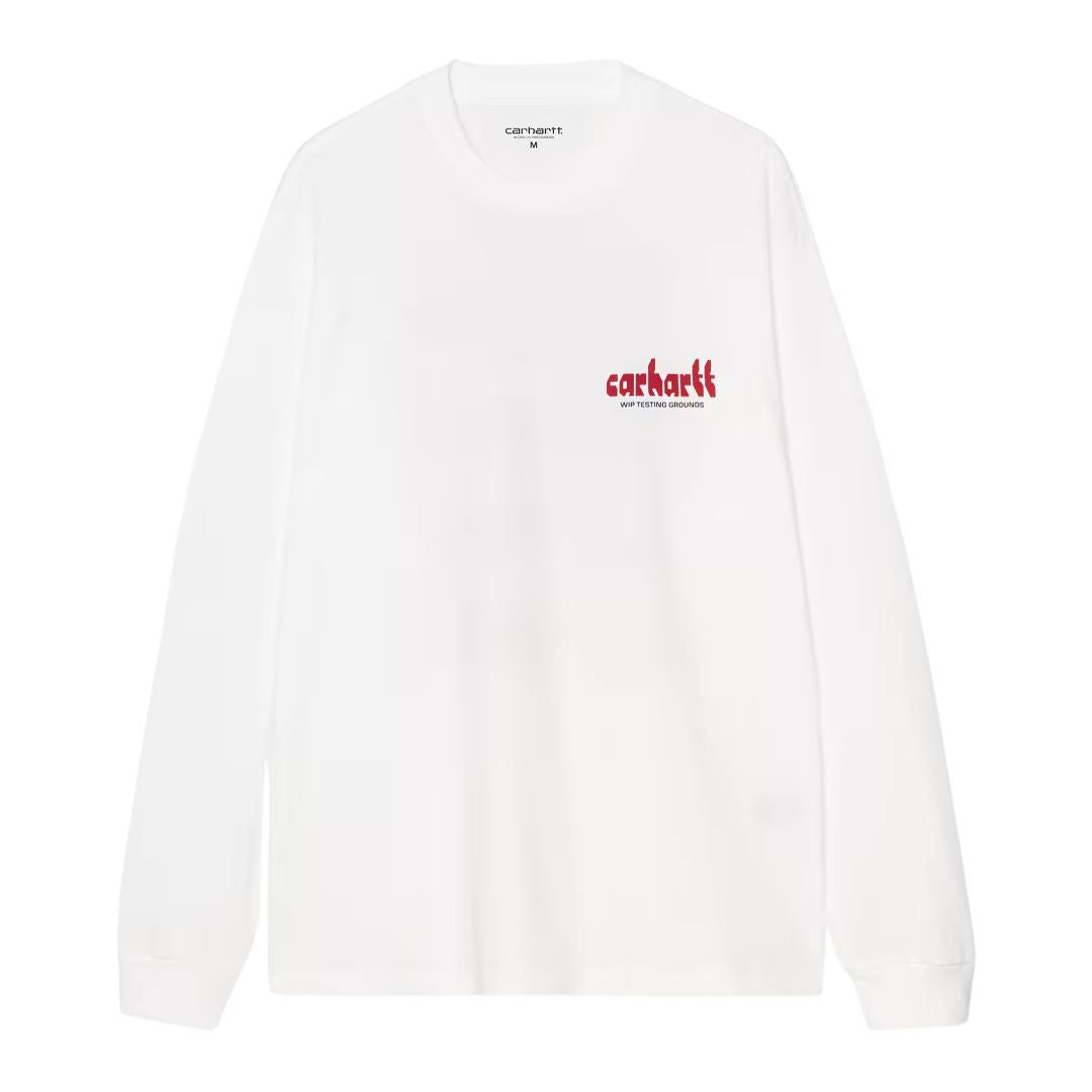 Carhartt WIP L/S Framework T-Shirt White en plano frontal, con el pequeño estampado "carhartt WIP Testing Grounds" en rojo sobre el pecho, corte loose fit.