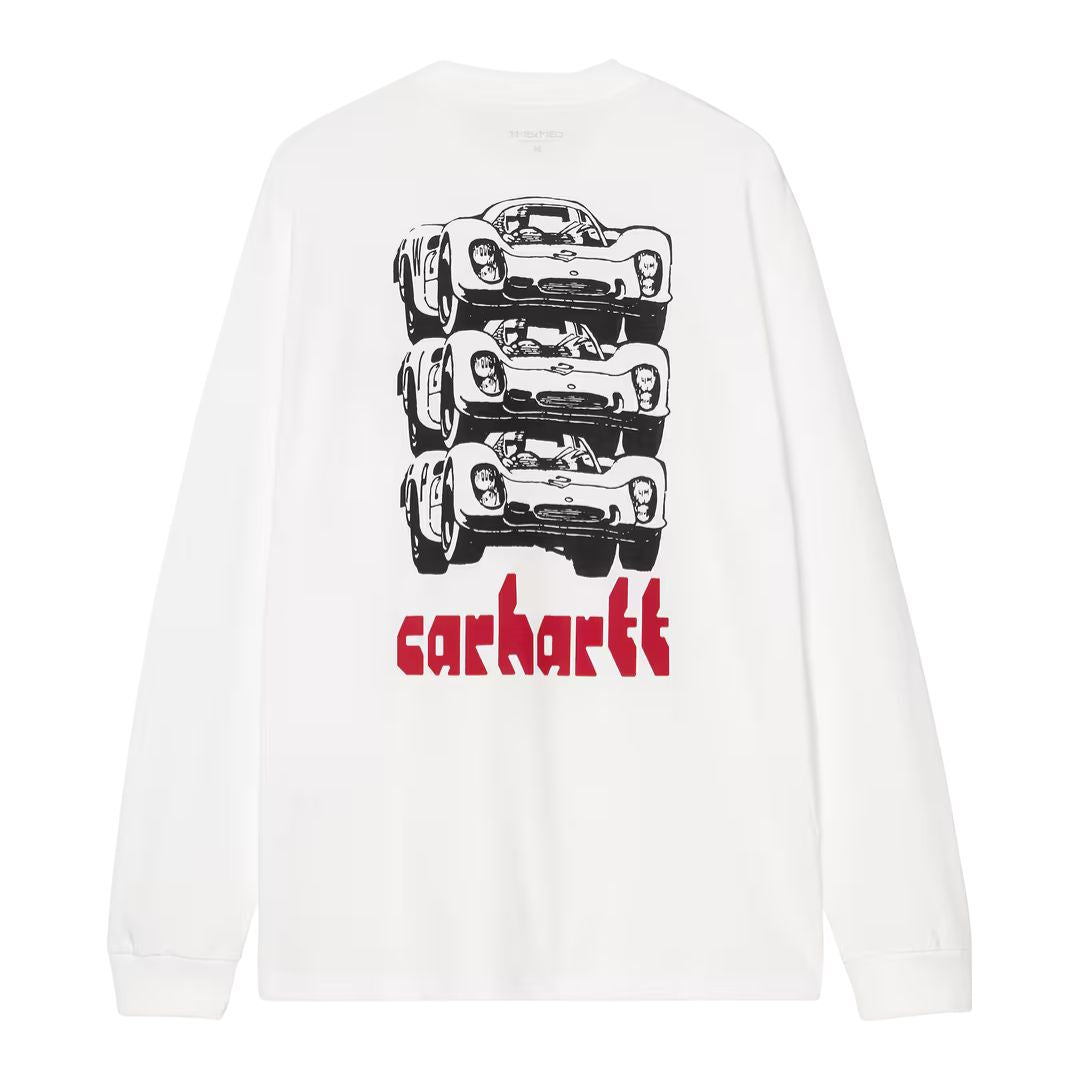 Carhartt WIP L/S Framework T-Shirt en White, vista trasera en plano sobre fondo blanco, con estampado gráfico de tres coches clásicos y logo "carhartt" en rojo.