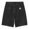 Carhartt WIP Landon Short negro stone washed, detalle frontal desde la cintura, amplitud de pierna y acabado lavado con matices grises.