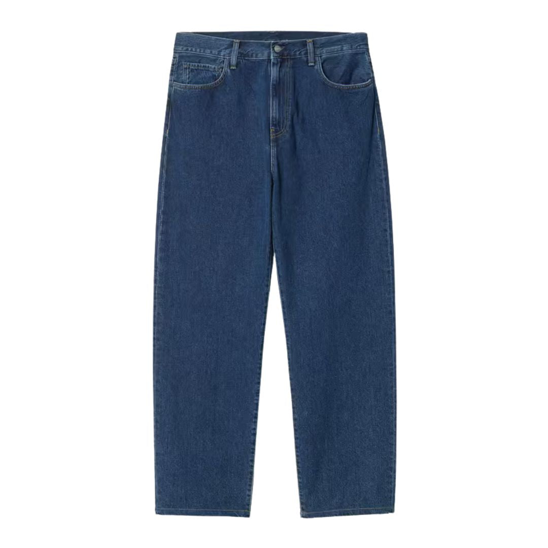 Pantalón vaquero Carhartt WIP Landon en azul stone washed, vista frontal plana sobre fondo blanco, mostrando el corte loose tapered y los bolsillos delanteros.