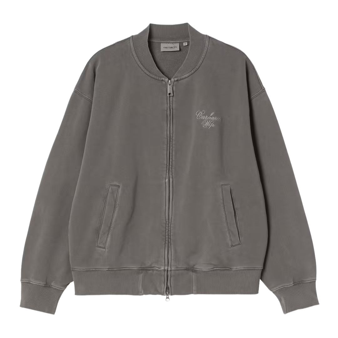 Chaqueta bomber Carhartt WIP gris garment dyed con cremallera metálica y logo bordado frontal.