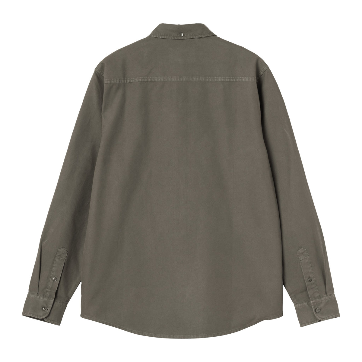 Vista trasera de la camisa Oxford Carhartt WIP L/S Bolton Shirt en color Shungite teñida en prenda, con canesú, puños de botón y dobladillo curvo sobre fondo blanco.