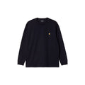 Camiseta de manga larga Carhartt WIP L/S Chase T-Shirt en color dark navy gold, vista frontal con logo bordado en el pecho.