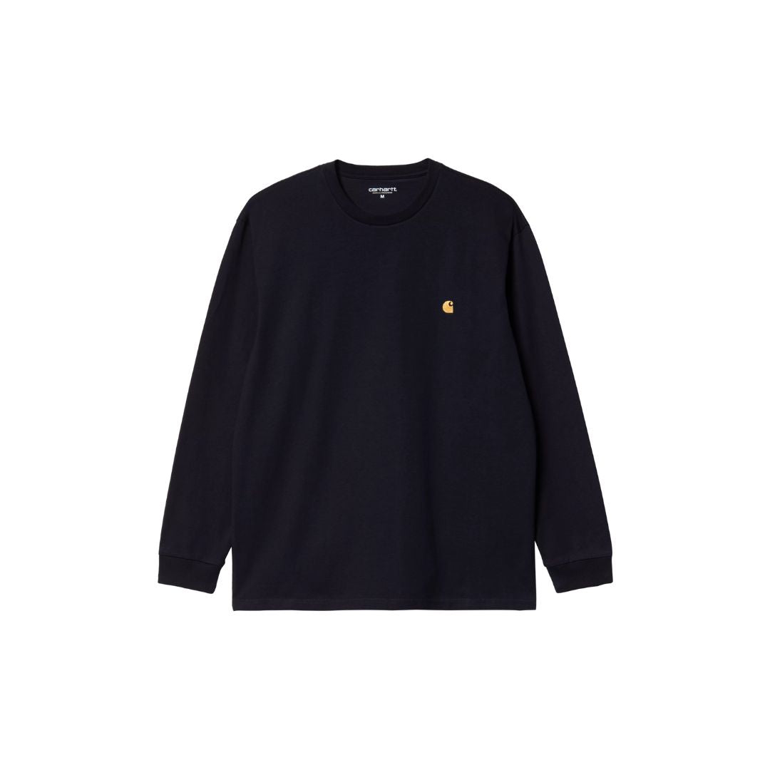 Camiseta de manga larga Carhartt WIP L/S Chase T-Shirt en color dark navy gold, vista frontal con logo bordado en el pecho.