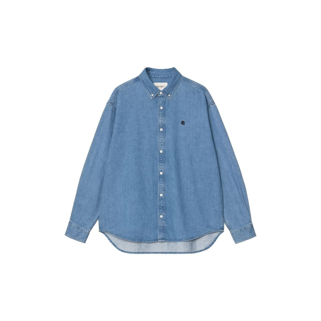 Camisa Carhartt WIP L/S Lucas Shirt color Blue Stone Washed vista frontal con logo C bordado.