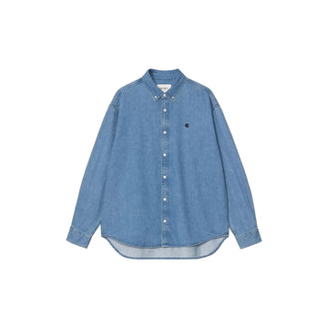 Camisa Carhartt WIP L/S Lucas Shirt color Blue Stone Washed vista frontal con logo C bordado.