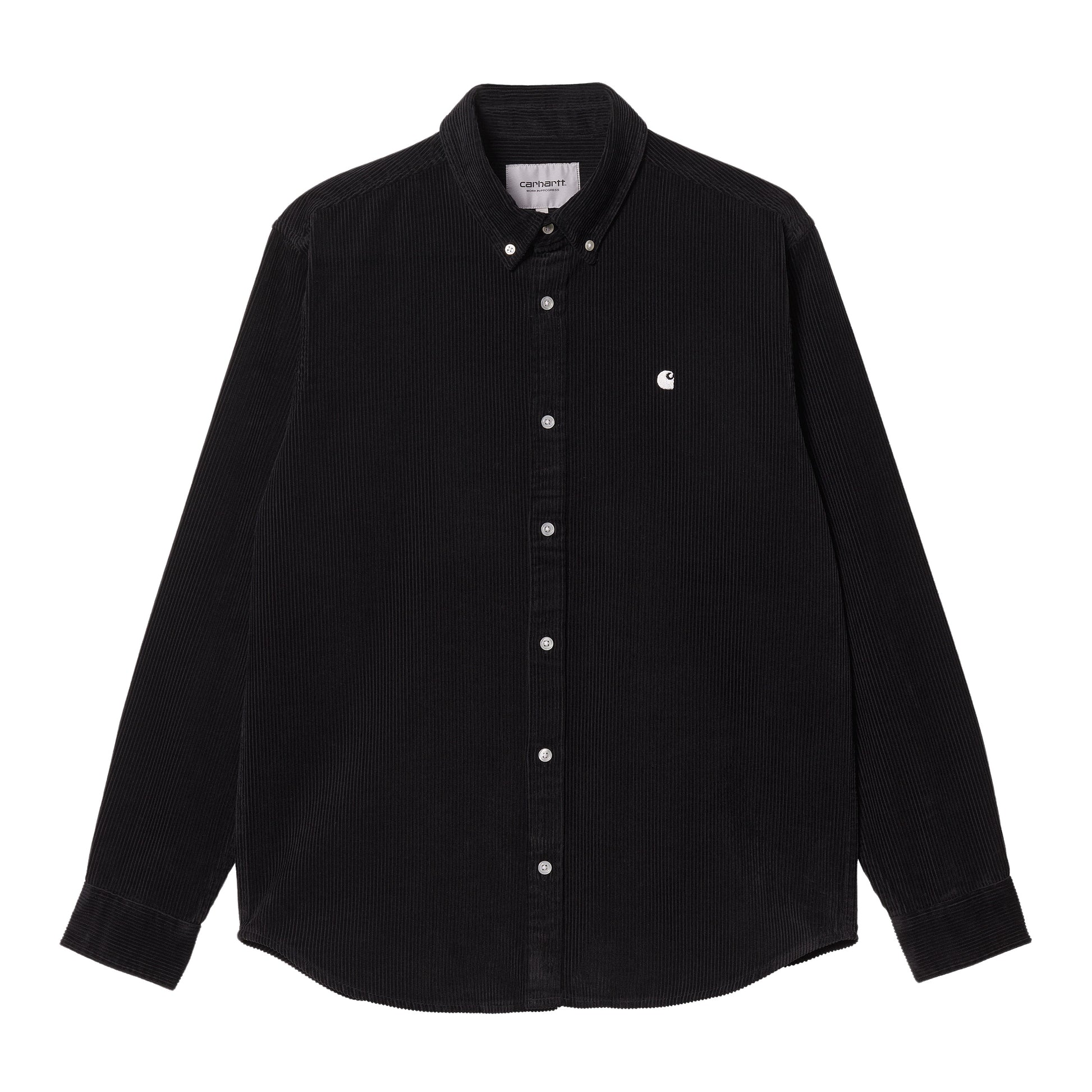 Camisa de pana Carhartt WIP L/S Madison Cord Shirt Negra con el logo Carhartt bordado y botones en blanco