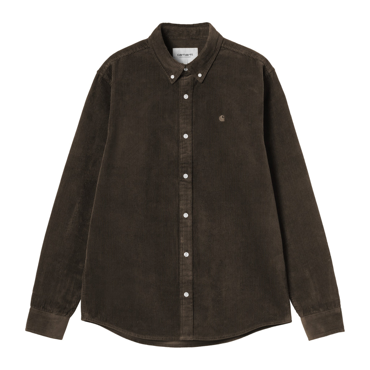 Camisa de pana de manga larga Carhartt WIP L/S Madison Cord Shirt en color Tobacco, vista frontal con cuello abotonado, botones y bolsillo con logotipo bordado.