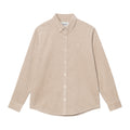 Camisa de pana de manga larga Carhartt WIP L/S Madison Cord Shirt en color Wall, vista frontal con cuello abotonado, botones y bolsillo con logotipo bordado.