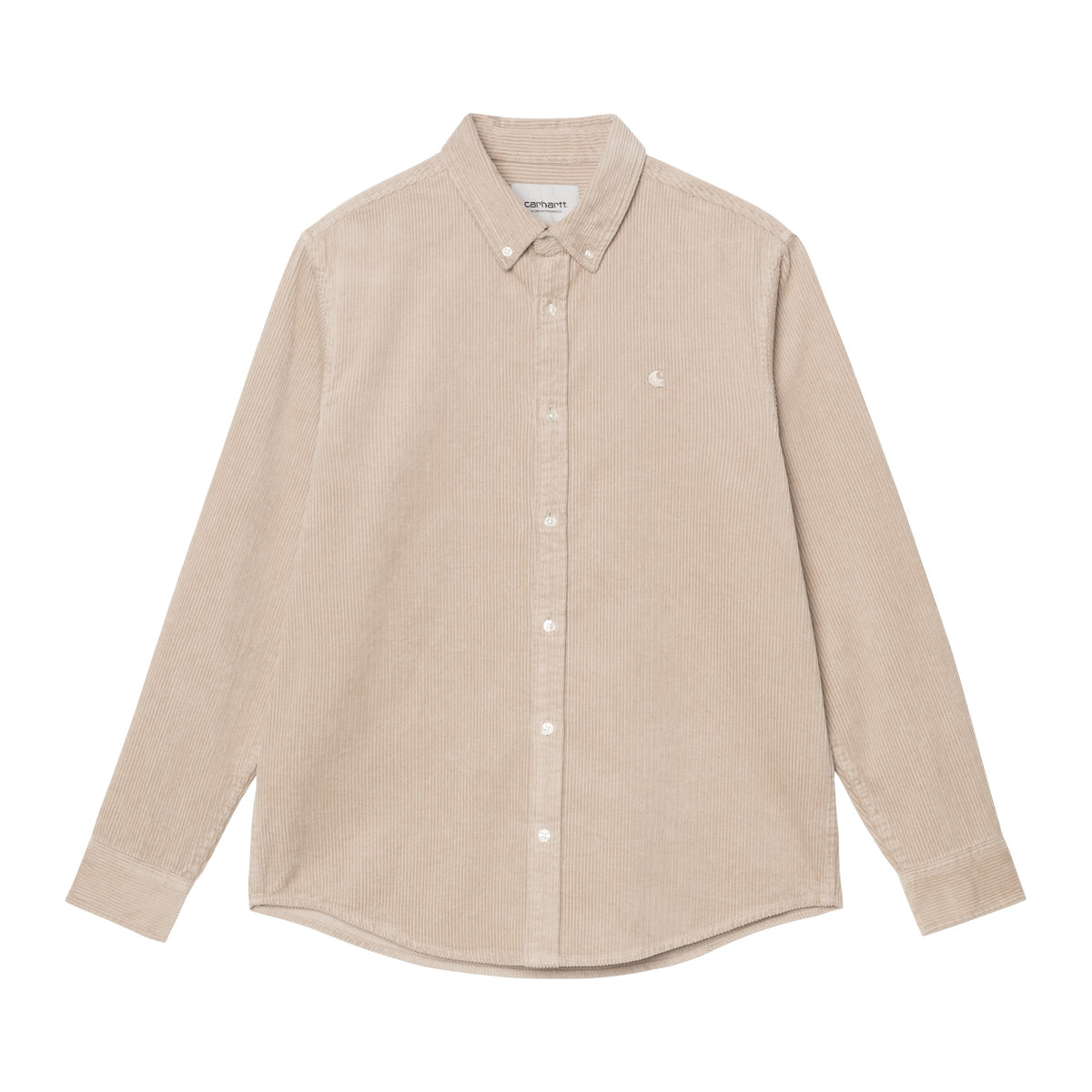 Camisa de pana de manga larga Carhartt WIP L/S Madison Cord Shirt en color Wall, vista frontal con cuello abotonado, botones y bolsillo con logotipo bordado.