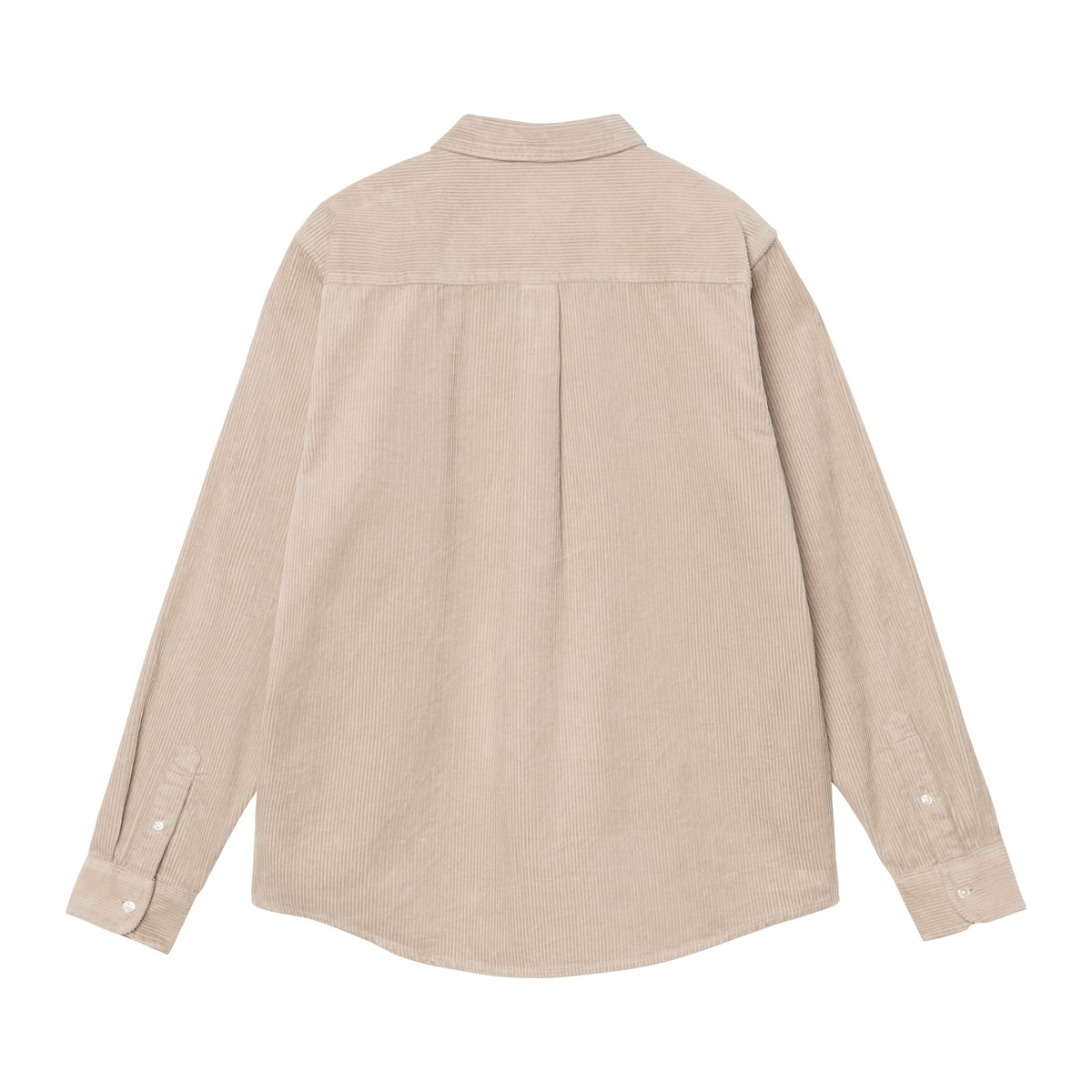 Vista trasera de la camisa de pana Carhartt WIP L/S Madison Cord Shirt en color Wall, con puños abotonados y dobladillo curvo sobre fondo blanco liso.