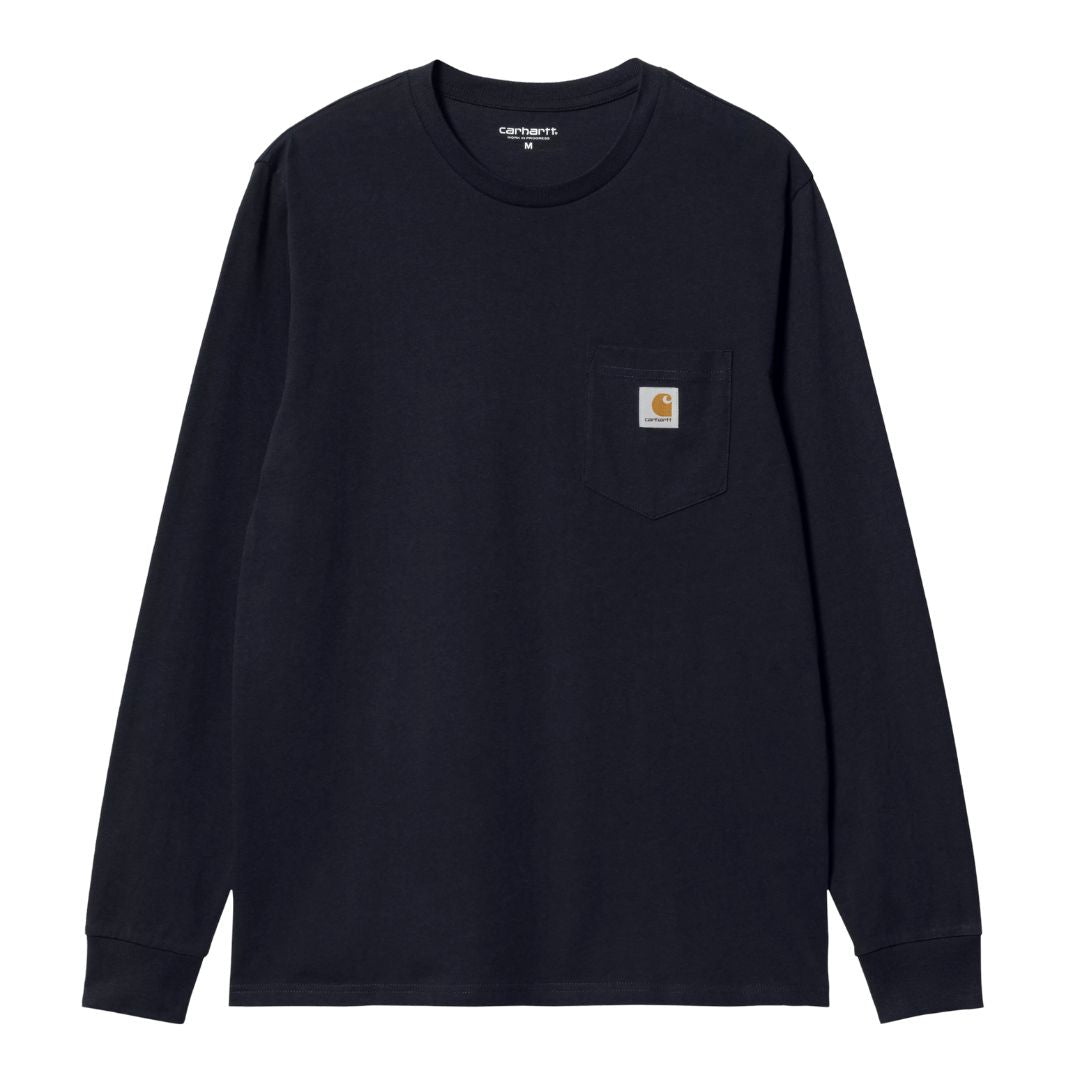 Camiseta carhartt wip l/s pocket t-shirt azul marino oscuro con bolsillo en el pecho y etiqueta square label.