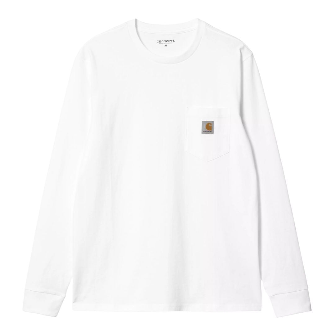 Camiseta carhartt wip l/s pocket t-shirt blanca con bolsillo en el pecho y etiqueta square label.