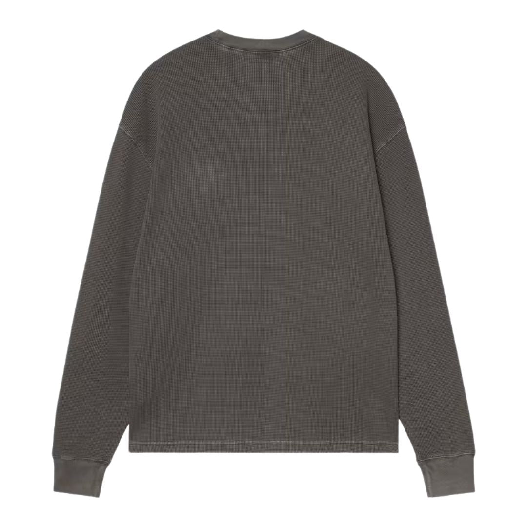 Carhartt WIP L/S Vista Waffle T-Shirt en negro, vista trasera plana sobre fondo blanco. Se aprecia el tejido gofrado, el cuello redondo y las costuras vistas del corte holgado.