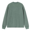 Carhartt WIP L/S Vista Waffle T-Shirt en verde dark scarab, vista trasera plana sobre fondo blanco. Se aprecia el tejido gofrado de algodón y el cuello redondo con costuras vistas.