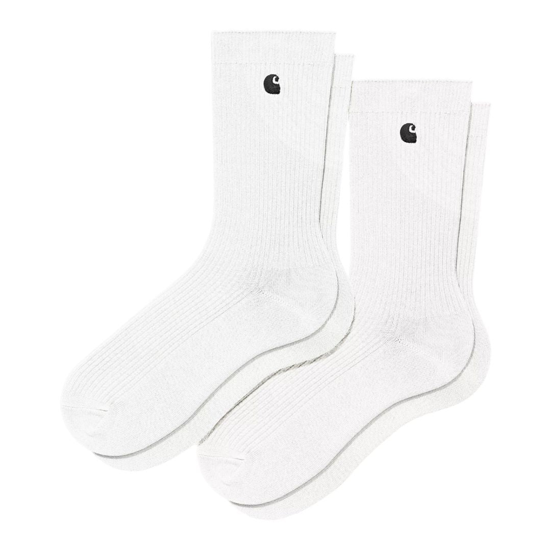 Calcetines Carhartt WIP blancos de canalé con logo bordado negro y diseño de caña media.