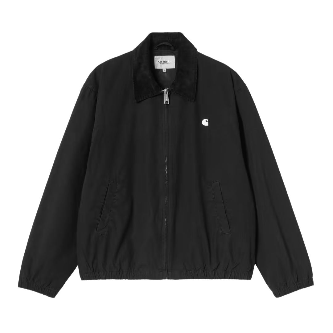 Carhartt WIP Madison Ripstop Jacket negro wax, vista frontal interior con etiqueta y cuello de pana vuelto sobre fondo blanco.